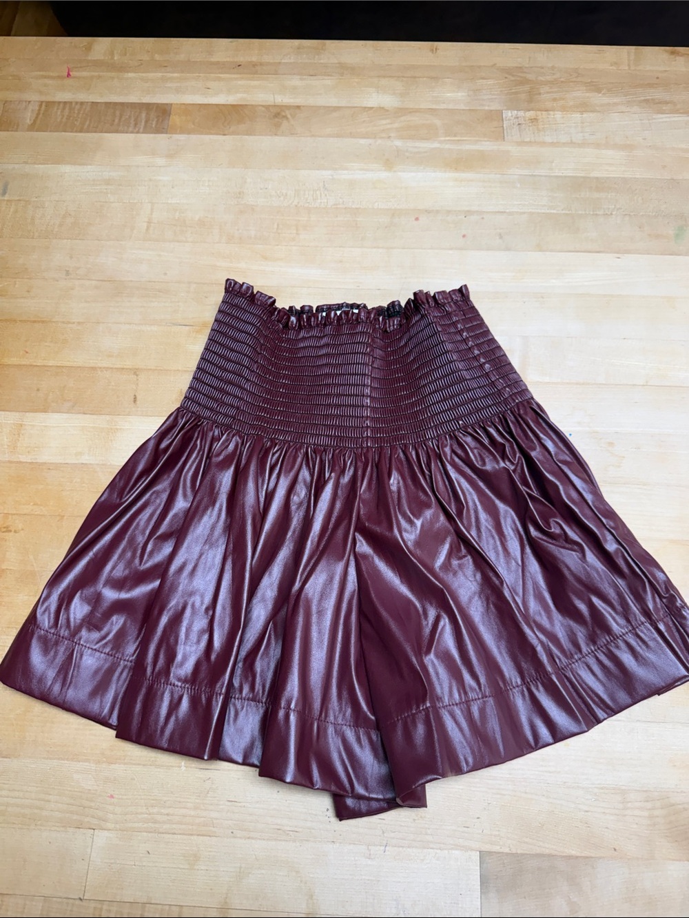 QUEEN OF SPARKLES Burgundy High-Waist Smocked Faux Leather Shorts